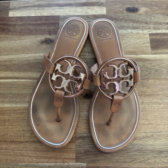 Tory Burch Miller Sandals Tan Leather Logo Women’s 8.5 Resort Beach Pool FLAWS - Picture 10 of 16
